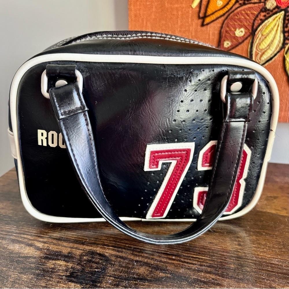 Roots| Cute Retro Varsity 73 Satchel Handbag Purse Black/Red/White 6 x 9”